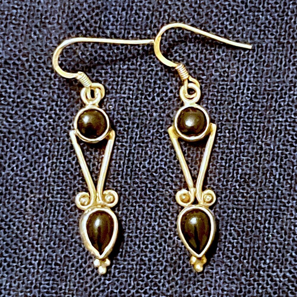 Handcrafted Made Black Onyx & Sterling Silver 2 Stone Dangle Earrings